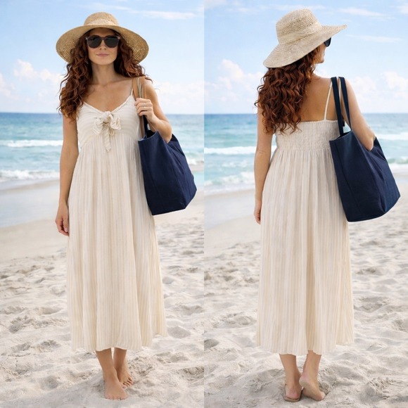 Billabong Dresses & Skirts - Billabong Womens Beige White Striped Tie Front Smocked Midi Dress Small S/P/CH